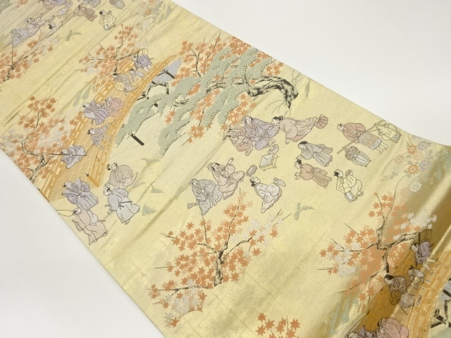 時代人物に松・紅葉・橋模様織出し袋帯